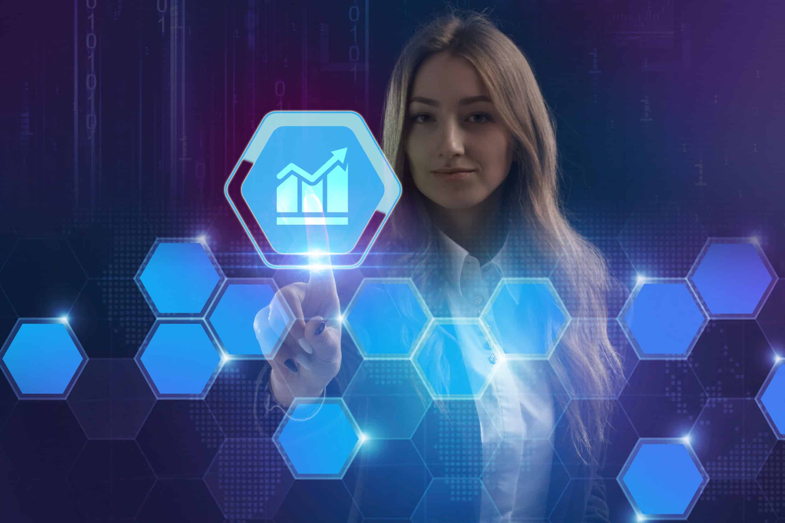 Young Woman Selects Digital Bar Chart Icon - Digital Credentials Document Individual Skills and Capabilities