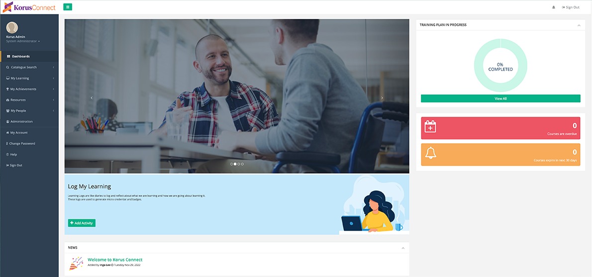Credentialate Use Case - Korus Connect Learner Portal - Dashboard Home