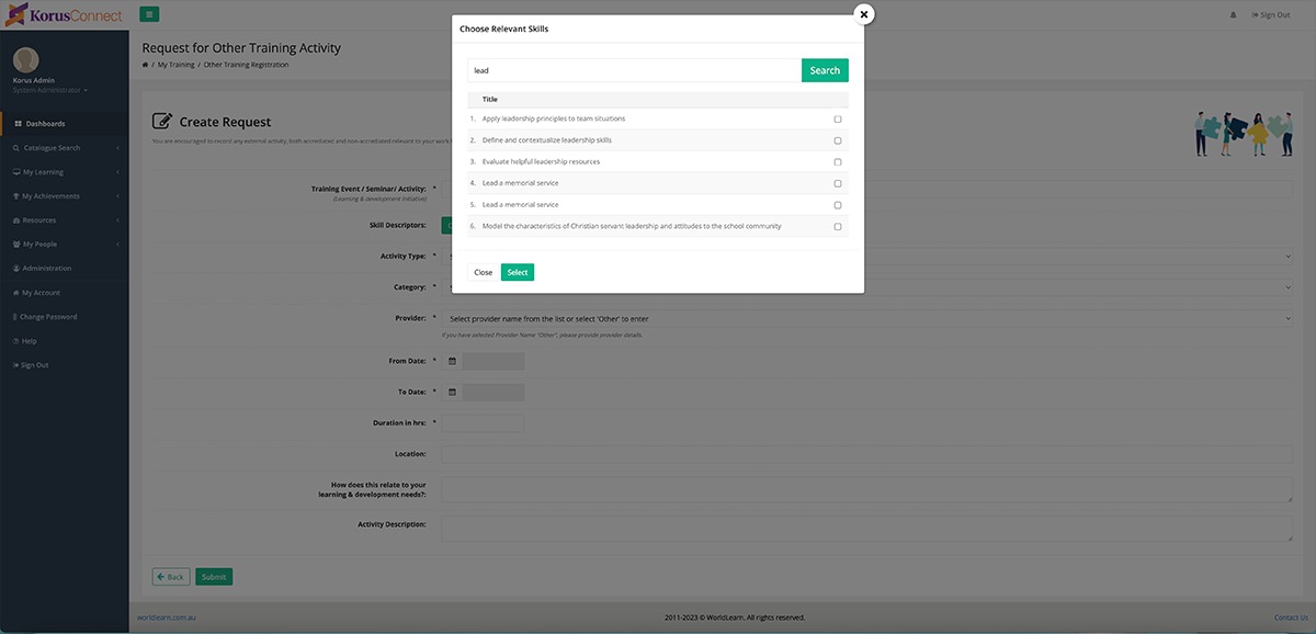 Credentialate Use Case - Korus Connect Learner Portal - Search for Relevant Skills to Request for Other Training Activity page