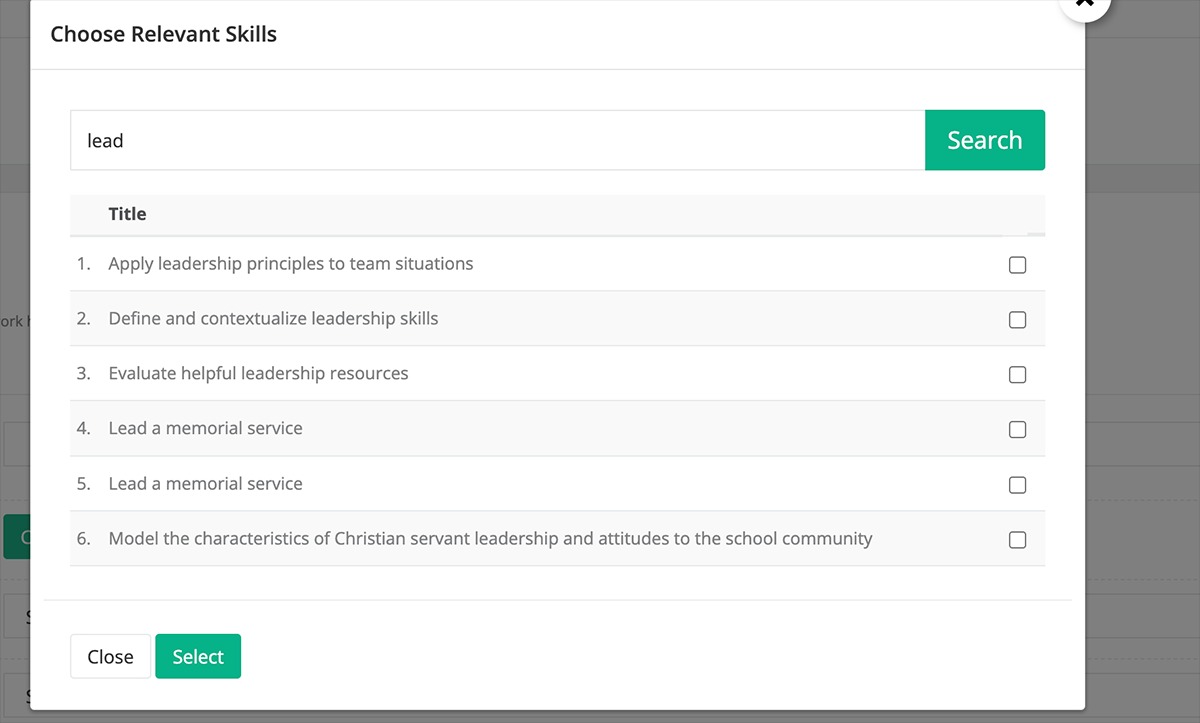 Credentialate Use Case - Korus Connect Learner Portal - Close-up Look of Relevant Skills Search