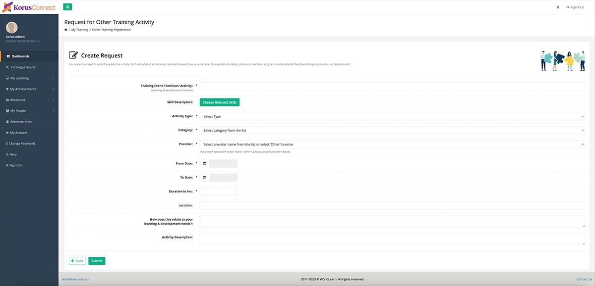 alt="Credentialate Use Case - Korus Connect Learner Portal - Request for Other Training Activity page"