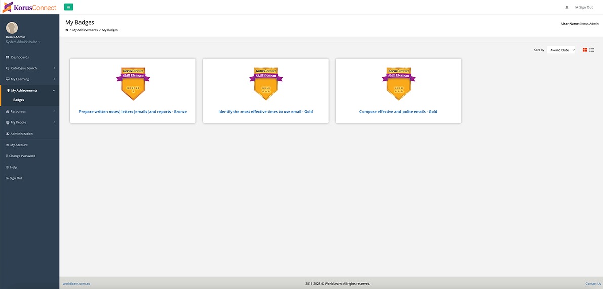 Credentialate Use Case - Korus Connect Learner Portal - Learner's Achievements