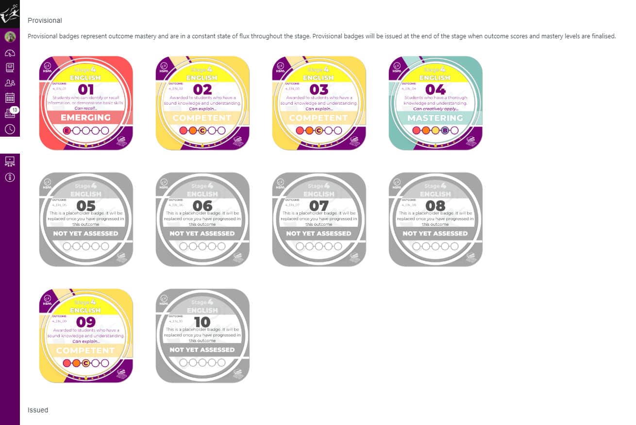 HSPA English outcomes provisional badges