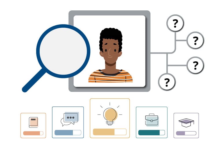 A black student examines a magnifying glass, with icons representing diverse skills and pathways.