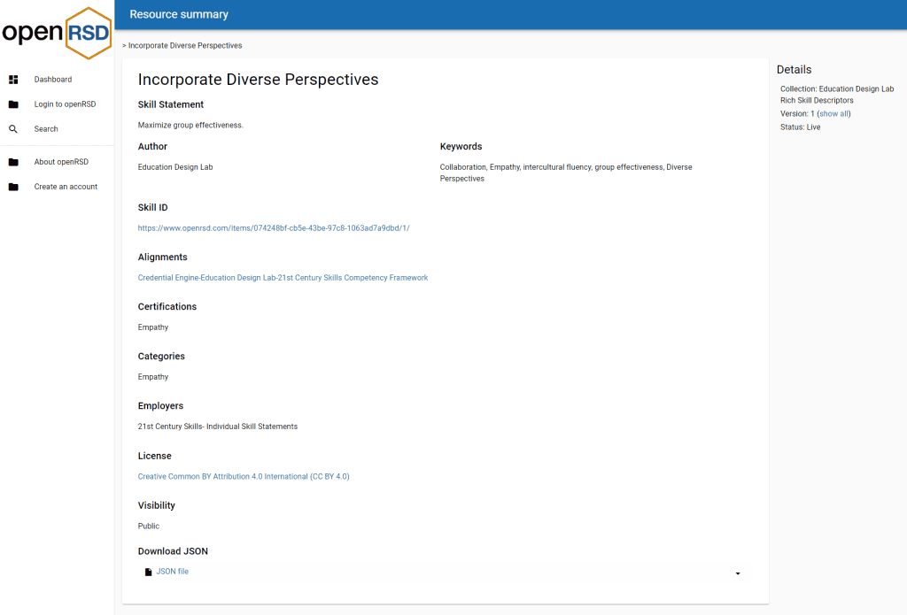 Figure 2 - Incorporate Diverse Perspectives rich skill descriptors (RSD), referenced from the openRSD library, integrated into Muzzy Lane’s SkillBuild credentials