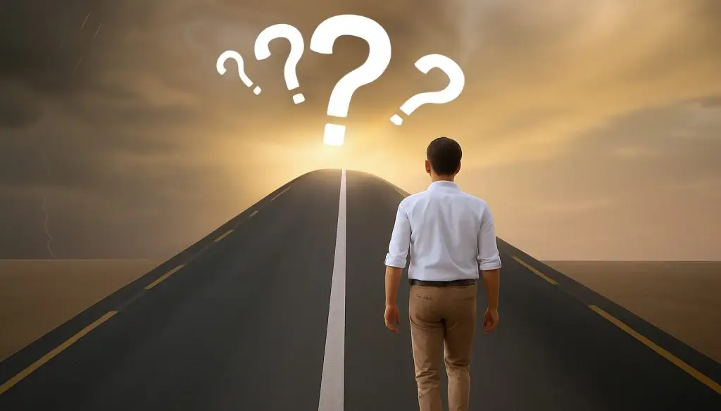 A man on a road with question marks, representing the challenges of risk-taking and career outcomes in job readiness.